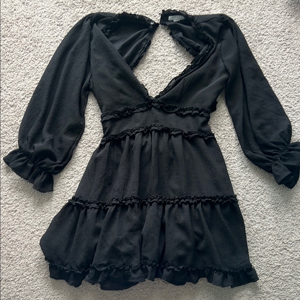 FAVLUX Black Ruffled Wrap Dress with Bishop Sleeves